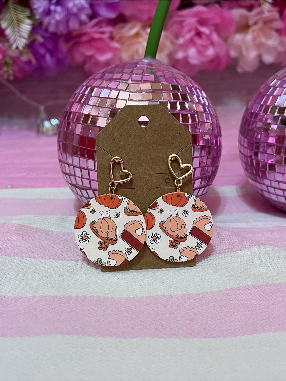 Heart Hook Orange Pumpkin Print Round Dangle Earrings